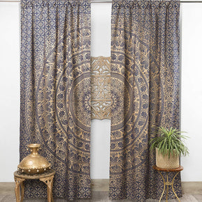 Indian Hippie Bohemian Beautiful Elephant Mandala Curtain Panels Blue and Gold