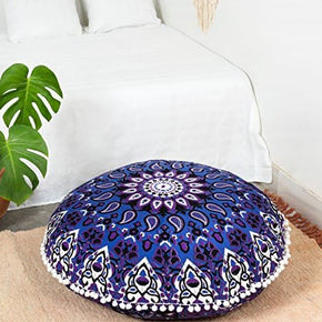 Floor Pillow Cushion Cover - Hippie Star Mandala Cushion Cover Large Cotton - Pouf Cover round Bohemian Yoga Decor, 32" Blue Purple