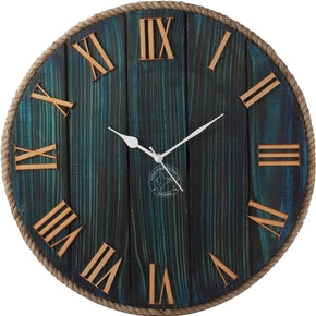 - Hand Crafted Rustic Pine Wood Rope Wall Clock - Retro Non-Ticking Sweep Movement Roman Numerals Decorative for Office Bedroom Living Room Kids Room Kitchen (16 Inches, Blue)