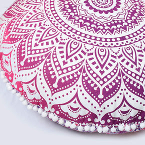 Floor Pillow Cushion Cover - Hippie Mandala Cushion Cover Large with Pom Poms Soft Particles - Pouf Cover round Bohemian Yoga Decor, 32" Pink Purple