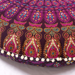 Floor Pillow Cushion Cover - Hippie Mandala Cushion Cover Large with Pom Poms Soft Particles - Pouf Cover round Bohemian Yoga Decor, 32" Magenta