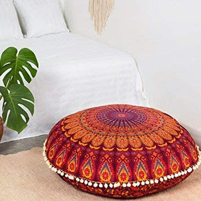 Floor Pillow Cushion Cover - Hippie Mandala Cushion Cover Large with Pom Poms Soft Particles - Pouf Cover round Bohemian Yoga Decor, 32" Maroon