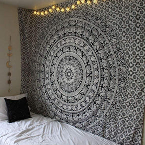 Hippie Mandala Tapestry Wall Hanging - Indian Elephant Maditation Gypsy Bohemian Hippy Black and White Psychedelic Dorm Room Decor Poster 30 X 40 Inch