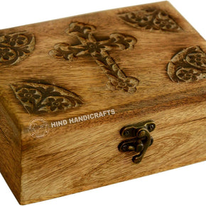 Antique Handmade Wooden Engraving Hand Carved Jewellery Box for Women-Men Jewel | Home Decor Accents | Decorative Boxes | Storage & Organiser (7" X 5" X 2.5", Holy Cross)