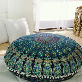 Floor Pillow Cushion Cover - Hippie Mandala Cushion Cover Large with Pom Poms Soft Particles - Pouf Cover round Bohemian Yoga Decor, 24" Blue Turqouise