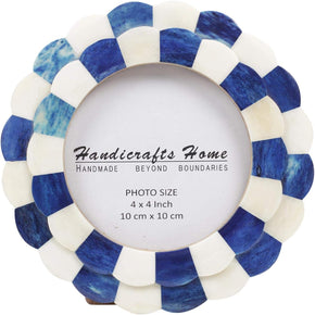 Photo Picture Frame - 4" X 4", round Handmade Gift Photo Frames - Blue & White